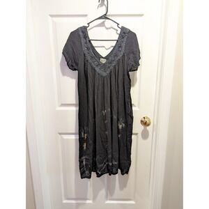 Boho Fairy Grunge Distressed Palm Tree Tunic Dress Black‎ Pocket Mini